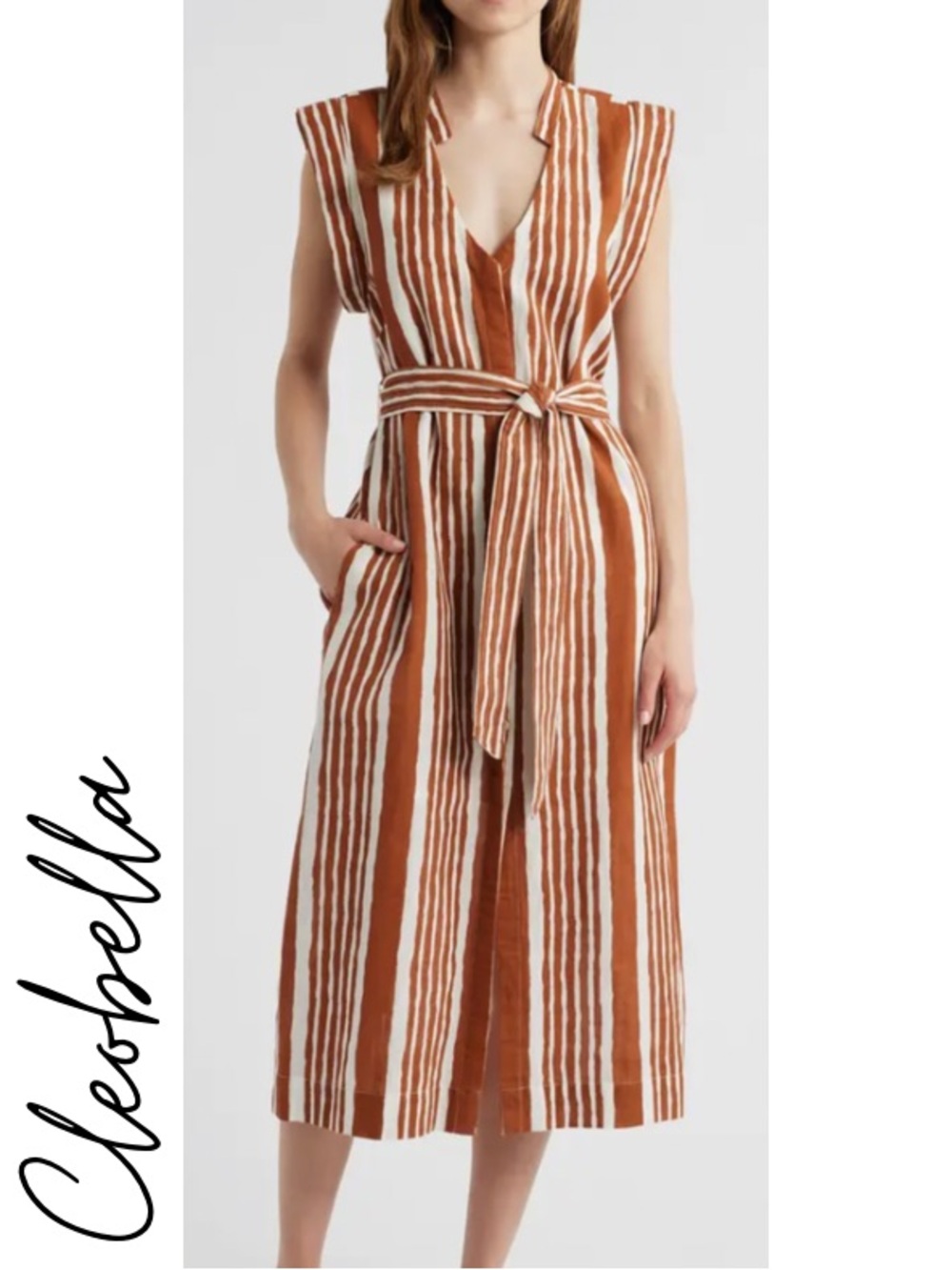 Cleobella Lani Midi Striped V-Neck Midi Dress with Waist Tie